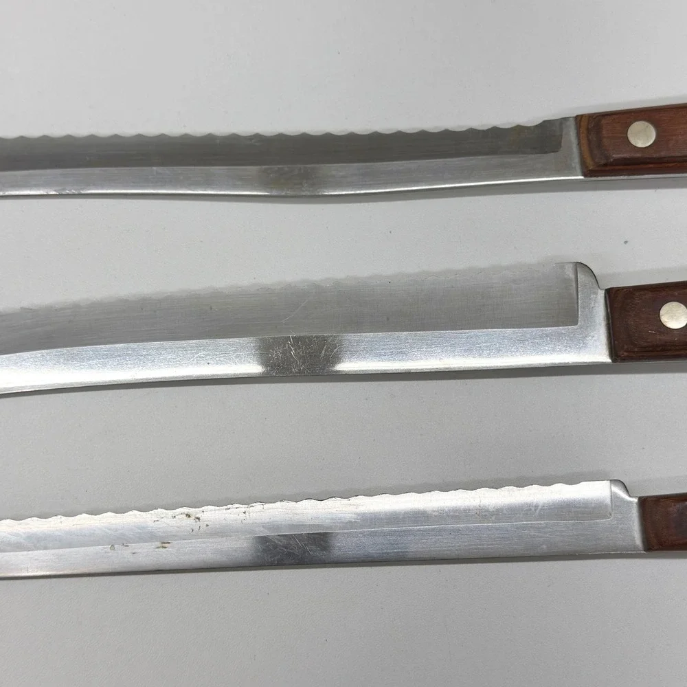 Vintage Flint Stainless Vanadium USA Knife Set of 3 Serrated Wood Handle Cutlery